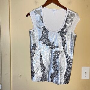 Escada White and Silver Sequin Cap Sleeve Top